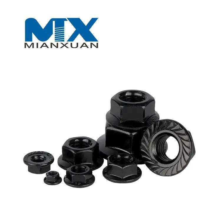 Tuercas hexagonales con reborde, hexagonales plateadas con zinc amarillo, negro de acero