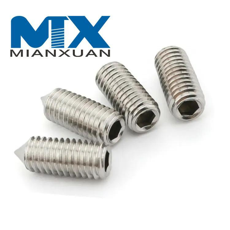Tornillos de fijación de punta cónica DIN914 de acero inoxidable con zócalo hexagonal y rosca sin cabeza