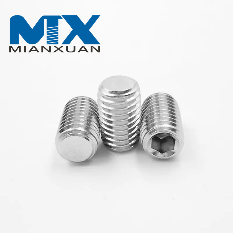 Tornillos prisioneros de rosca métrica de acero inoxidable Tornillos de fijación de zócalo hexagonal de punta plana sin cabeza