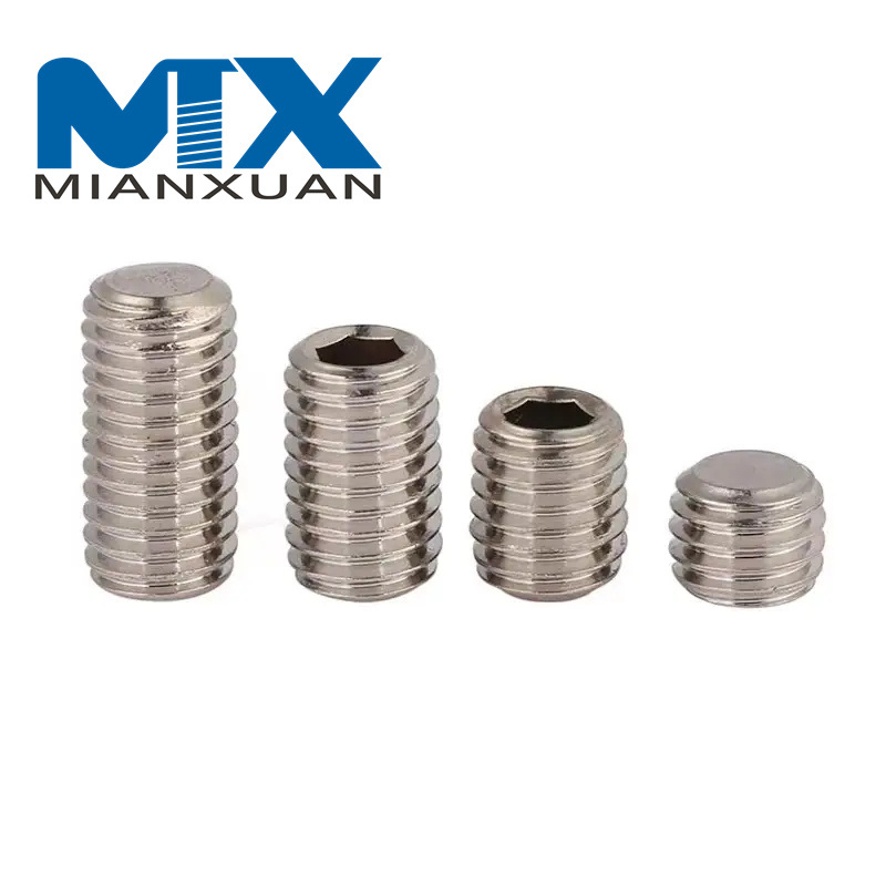 Tornillos prisioneros de rosca métrica de acero inoxidable Tornillos de fijación de zócalo hexagonal de punta plana sin cabeza