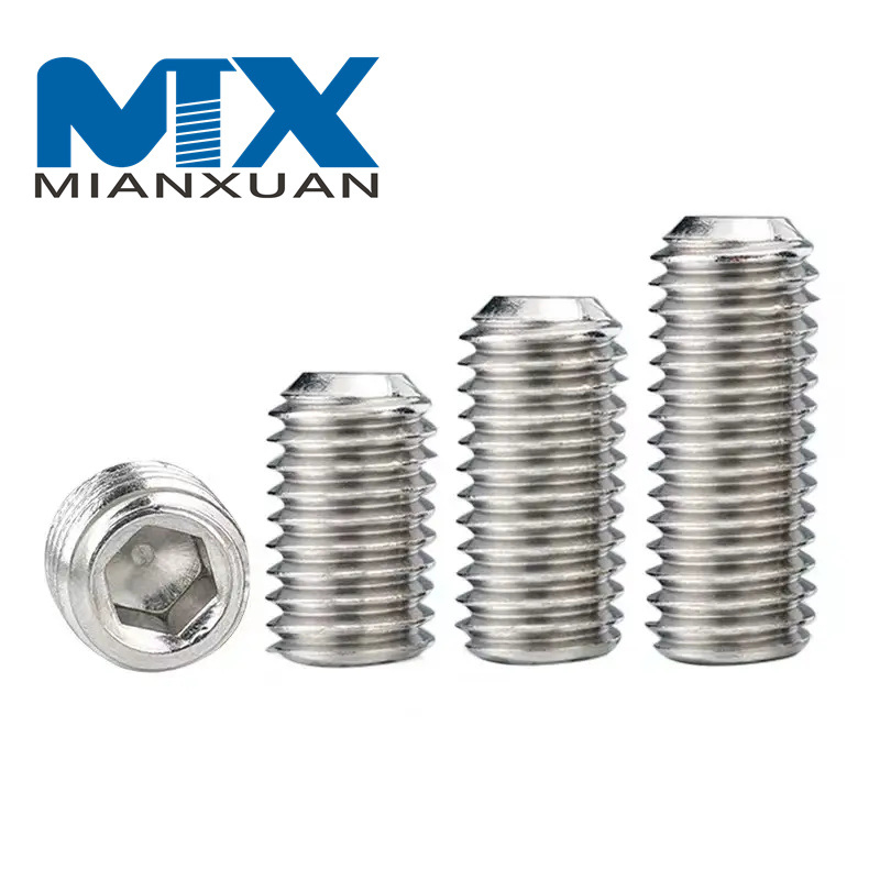 Tornillos prisioneros de rosca métrica de acero inoxidable Tornillos de fijación de zócalo hexagonal de punta plana sin cabeza