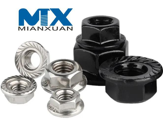 Tuercas hexagonales con reborde, hexagonales plateadas con zinc amarillo, negro de acero