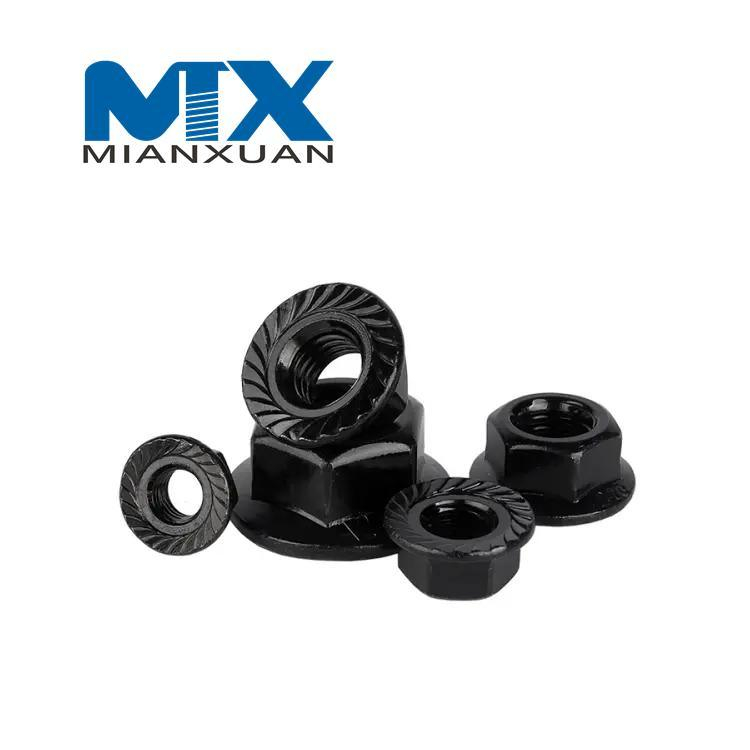 Tuercas hexagonales con reborde, hexagonales plateadas con zinc amarillo, negro de acero